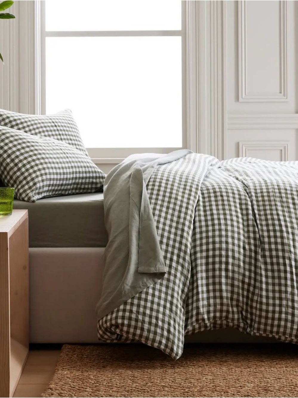 NEW European Linen Gingham Duvet Cover Set, Twin (Olive)